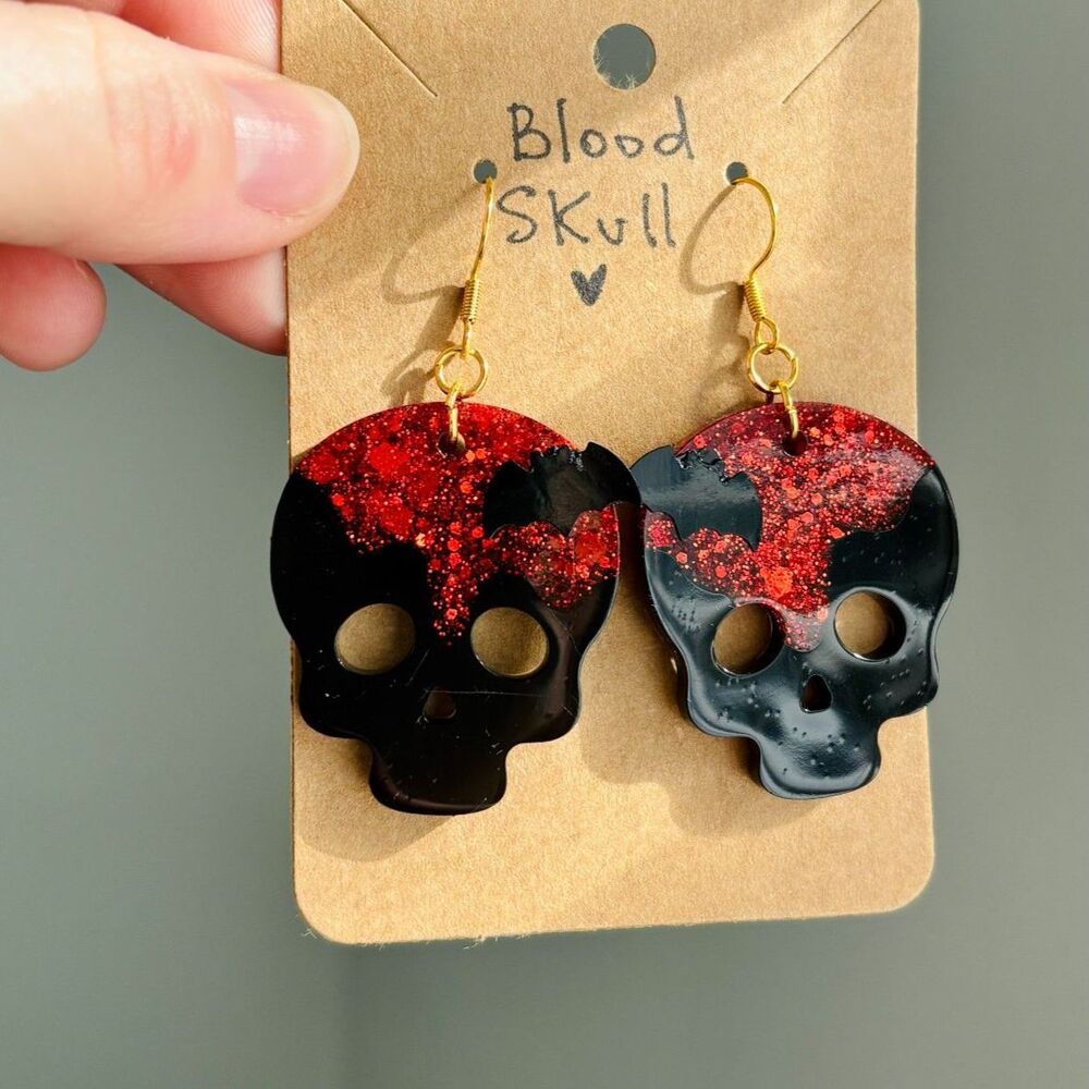 Blood Red Skull Earrings Bats, Dark Romantic Gothic Jewelry Halloween Vampire